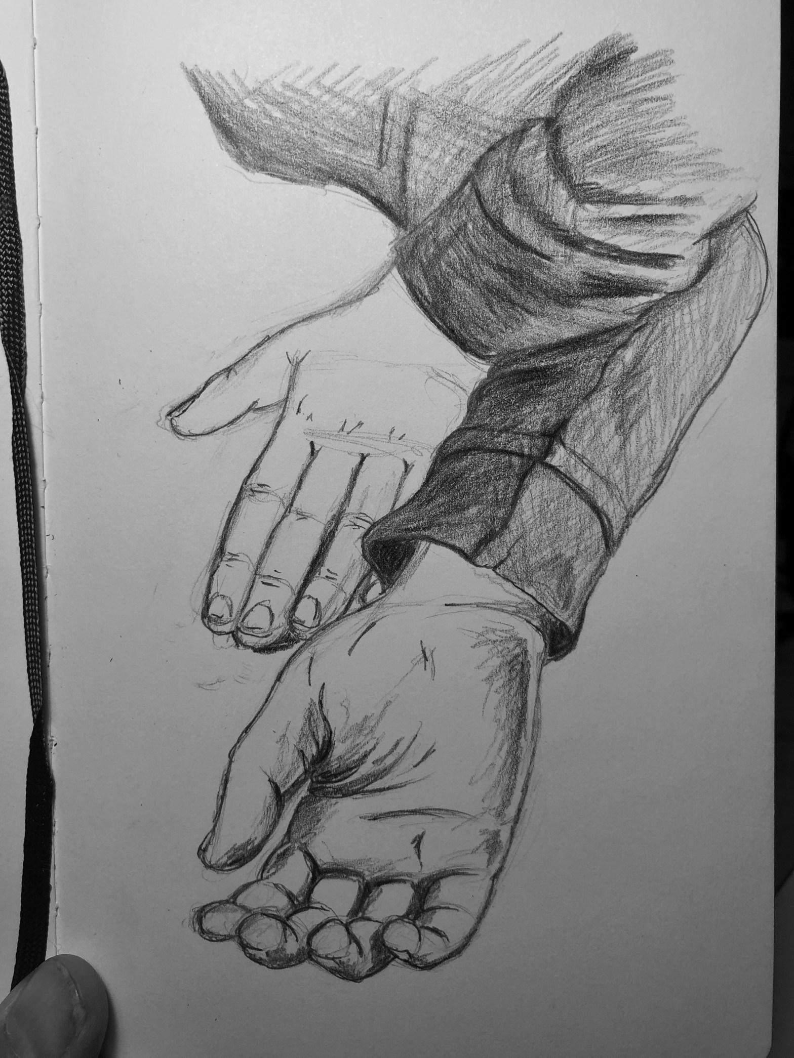 Sketch of two hands, one lying face up and the other face down.