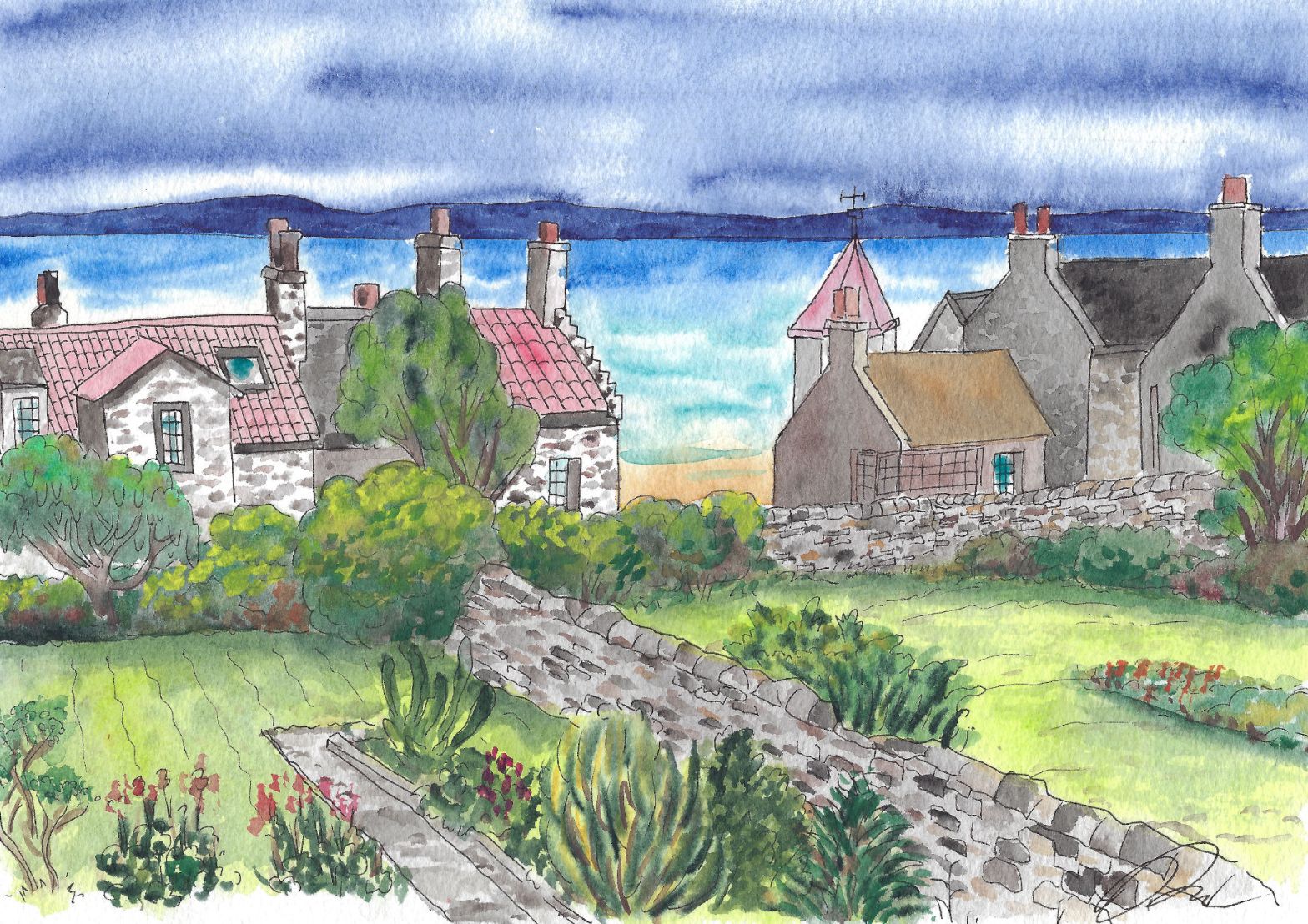Watercolor of Elie village in Scotland with water in the background.